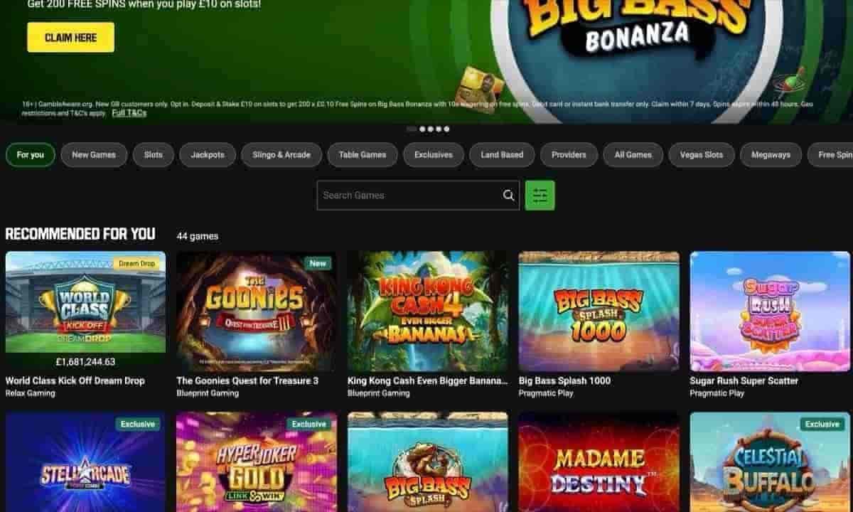 Unibet casino lobby Recommended For You grid with the 200 Free Spins Big Bass Bonanza banner