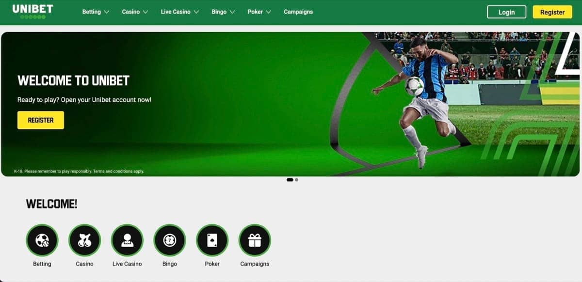 Unibet homepage showing UKGC and MGA licensing and the 300-table live-casino section