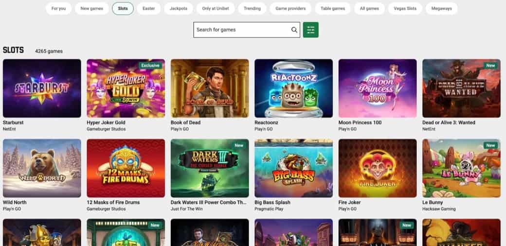 Unibet slots library showing games with category filters