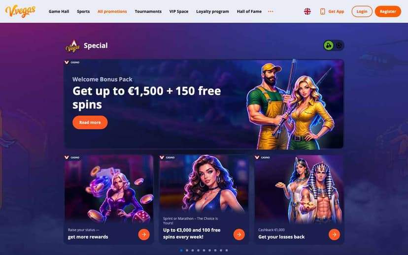 V.Vegas promotions page headlined by the €1,500 + 150 free spins welcome pack