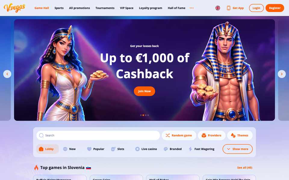 V.Vegas homepage with the weekly cashback hero banner above the game lobby filters