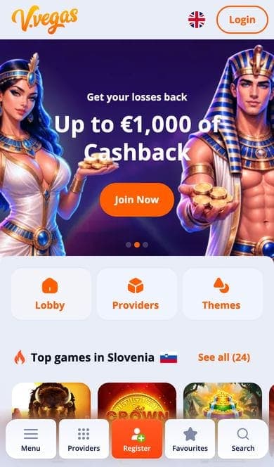 V.Vegas in a mobile browser, with the bottom navigation bar and lobby shortcuts