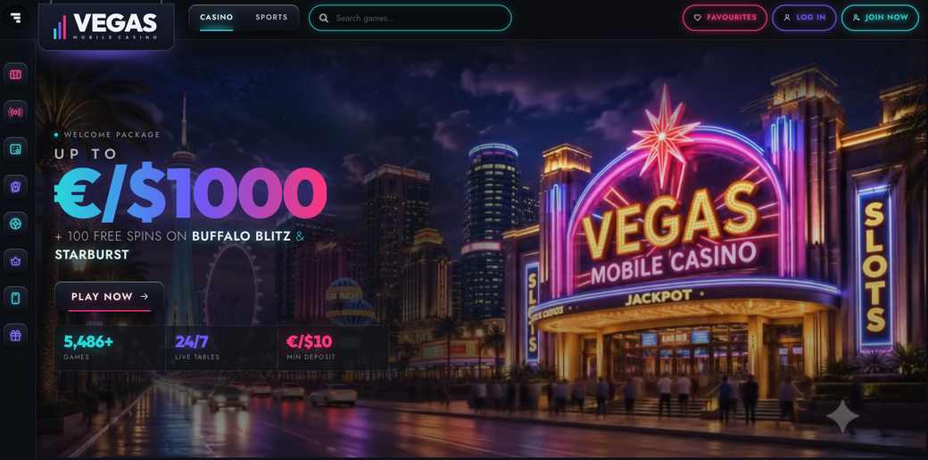 Relaunched Vegas Mobile Casino homepage in its dark neon design, showing the up to €/$1,000 welcome package with 100 free spins on Buffalo Blitz and Starburst, 5,486+ games and a €/$10 minimum deposit