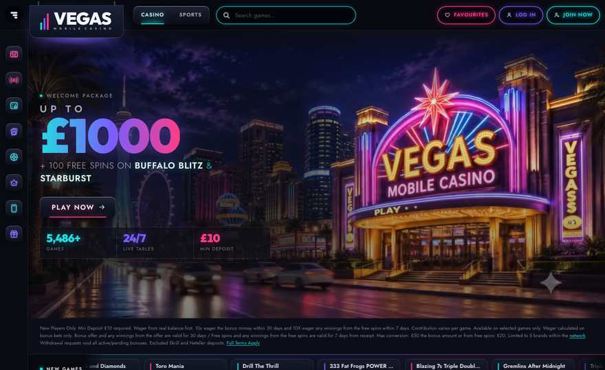 Relaunched Vegas Mobile Casino UK homepage in its dark neon design, showing the up to £1,000 welcome with 100 free spins on Buffalo Blitz and Starburst, 5,486+ games, 24/7 live tables and a £10 minimum deposit