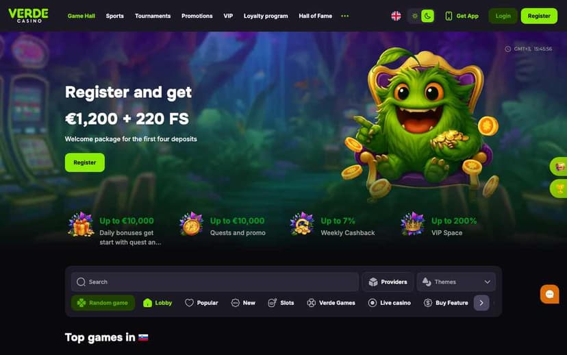 Verde Casino homepage promoting the €1,200 + 220 free spins welcome package over four deposits