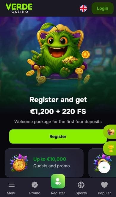 Verde Casino on a phone, showing the welcome offer, the cashback tile and the bottom navigation