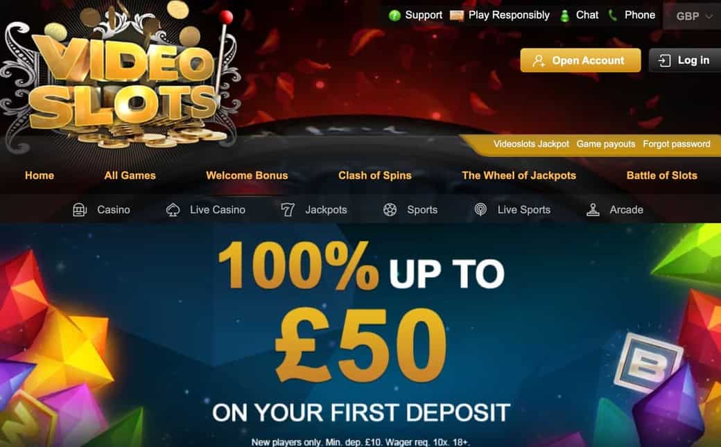 Videoslots 100% up to £50 on your first deposit welcome banner