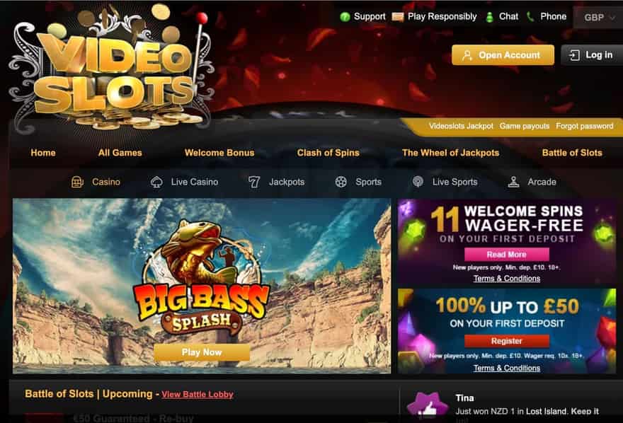 Videoslots homepage with game library and European blackjack tables