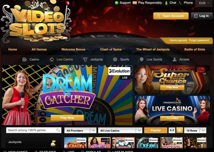 Videoslots live casino section powered by Evolution and Pragmatic Play