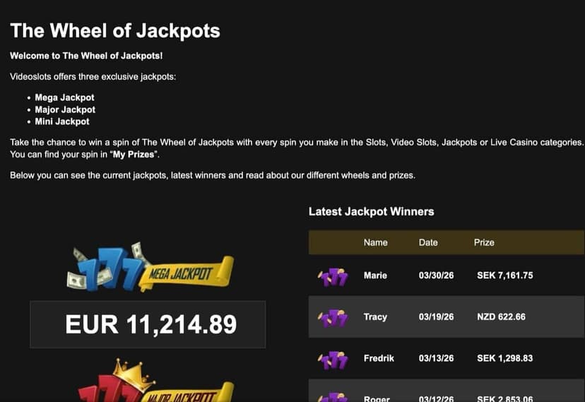 Videoslots Wheel of Jackpots feature with a progressive prize pool
