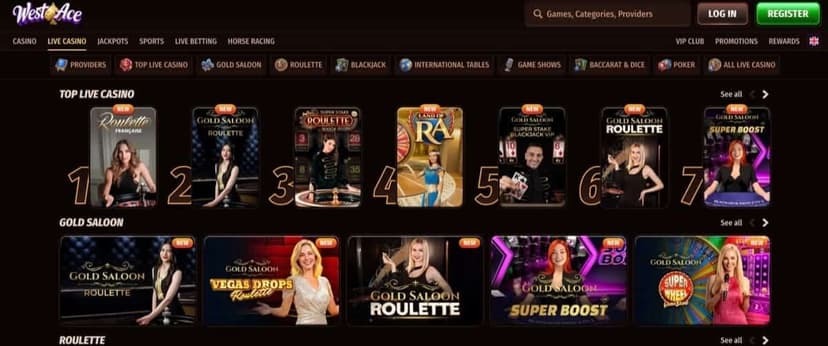 WestAce live casino section with Gold Saloon branded tables