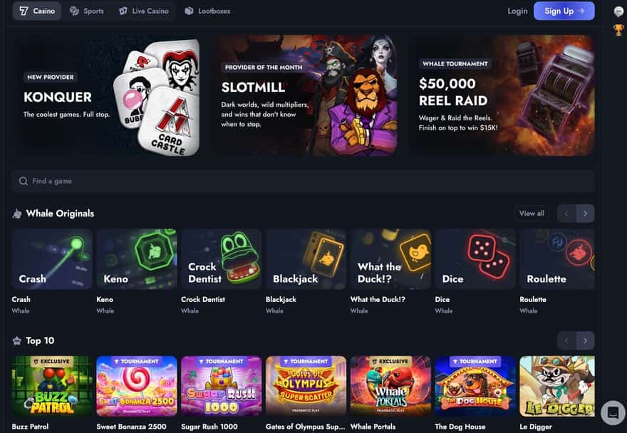 Whale.io casino lobby showing the New Provider Konquer panel, Slotmill Provider of the Month feature, $50,000 Reel Raid tournament, the Whale Originals row and the Top 10 most-played games