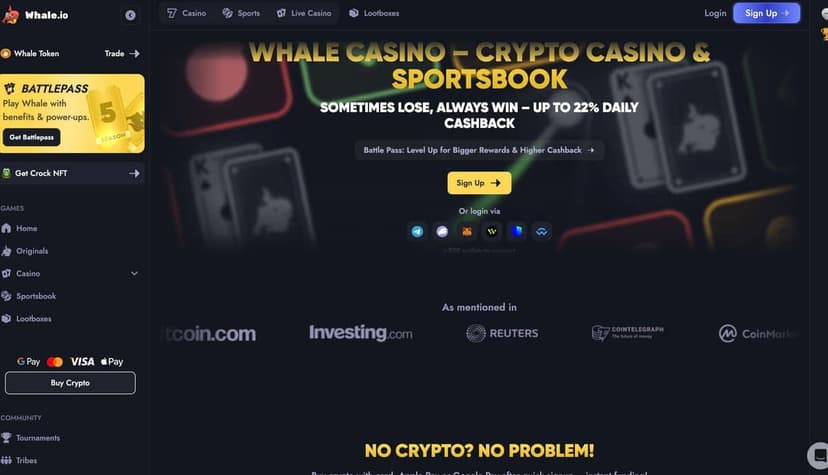 Whale.io homepage hero with sidebar navigation, sign-up button, loyalty shortcut and 