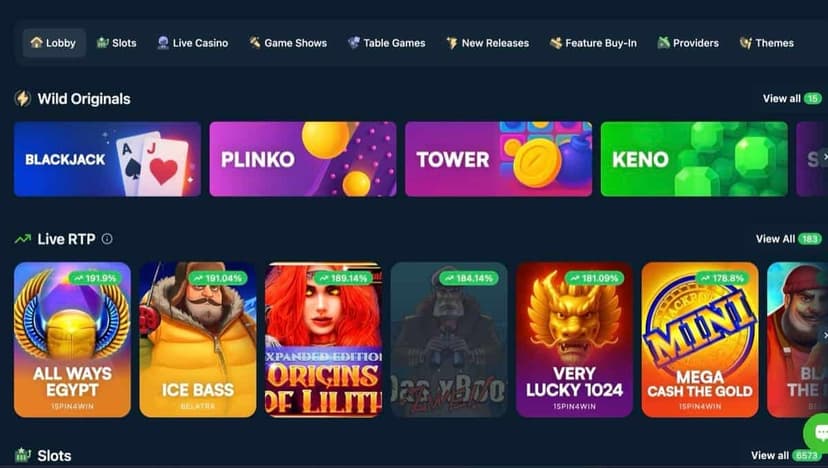Wild.io game library showing provider filters, slot categories, and Live RTP tracker