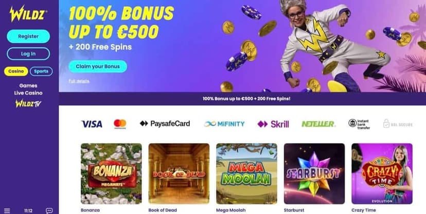 Wildz Casino homepage with 100% bonus up to 500 euro plus 200 free spins and payment method logos