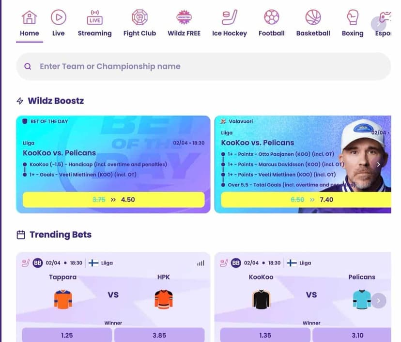 Wildz Sports section with Wildz Boostz promotions and Finnish hockey betting markets