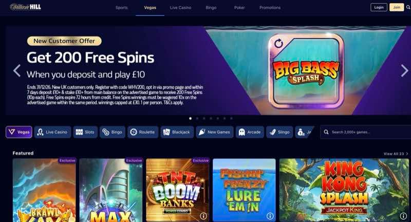 William Hill Casino homepage showing UKGC heritage licensing and the WHV200 free-spins welcome