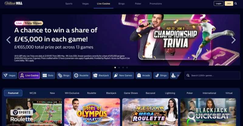 William Hill live casino with the Championship Trivia event and live tables