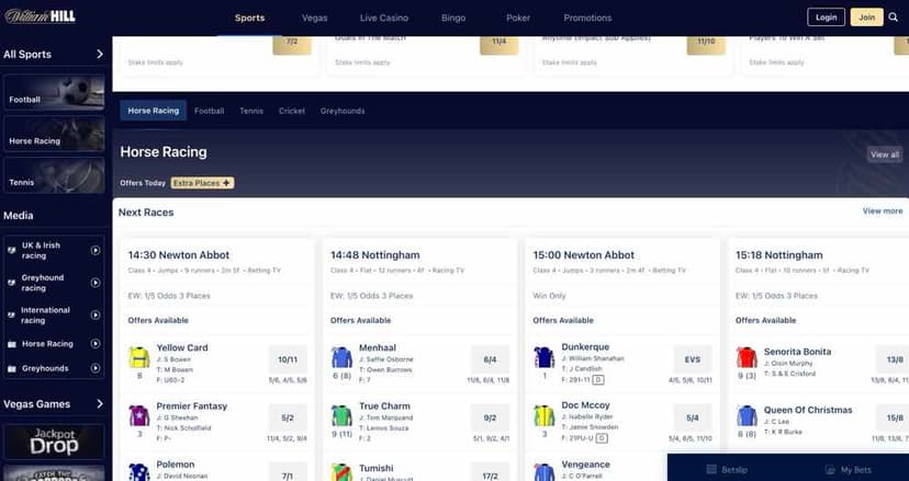 William Hill sportsbook with horse racing markets and next races