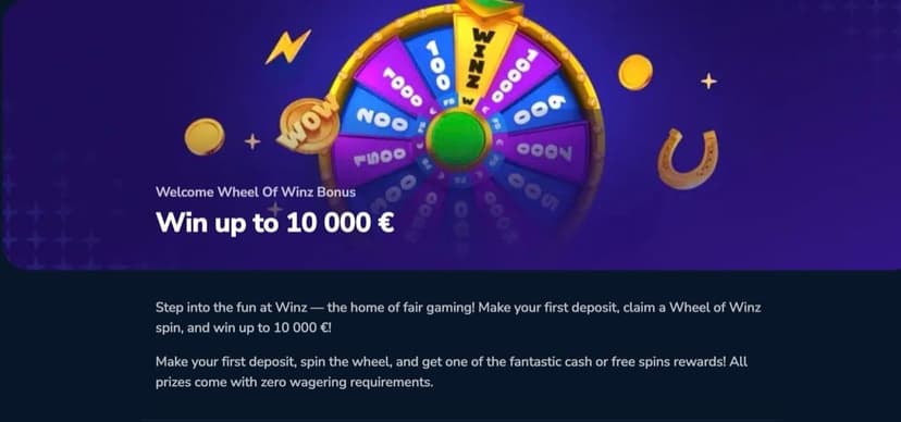 Wheel of Winz welcome bonus details offering up to 10,000 euro with zero wagering requirements