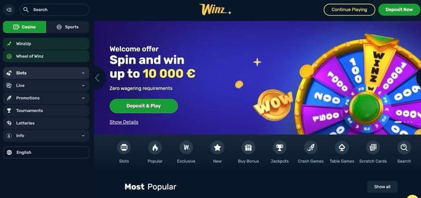 Winz.io casino homepage with Spin and Win welcome offer up to 10,000 euro at zero wagering requirements