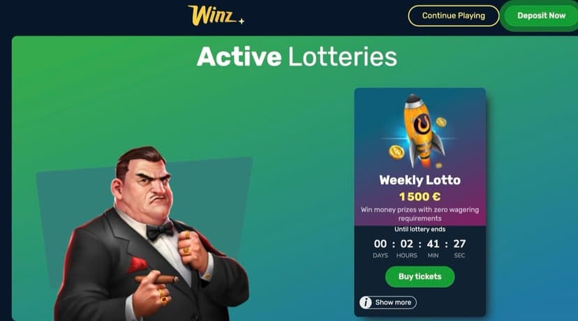 Winz.io Active Lotteries page featuring Weekly Lotto with 1,500 euro prize pool and zero wagering