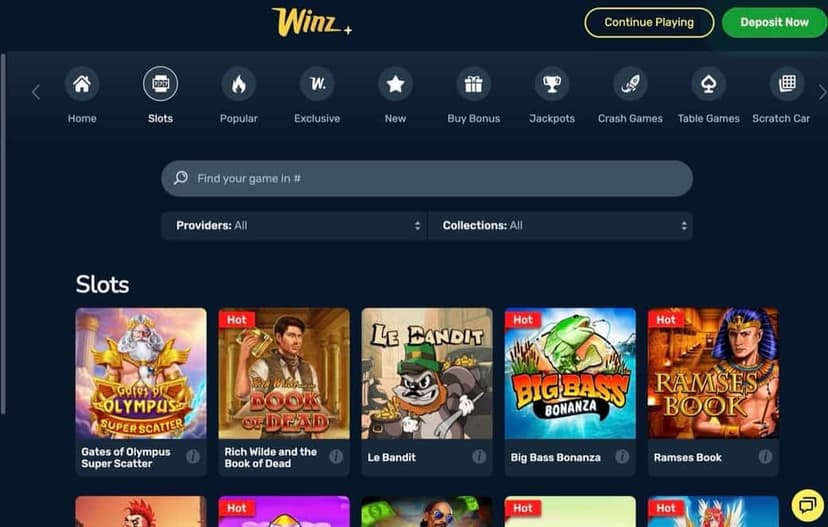 Winz.io slots page with provider and collection filters showing Gates of Olympus, Book of Dead, and Big Bass Bonanza