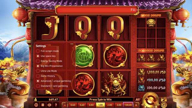 9 Lions in-game settings panel with fullscreen, space-key spin, and energy saving options