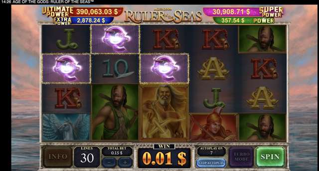 Age of the Gods: Ruler of the Seas Queen scatter symbols lit across reels 1-3 with Zeus centred during autoplay