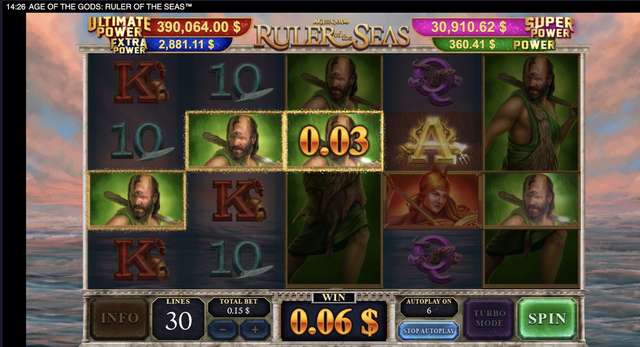 Age of the Gods: Ruler of the Seas stacked green warrior premiums paying a $0.06 line win on autoplay spin 6