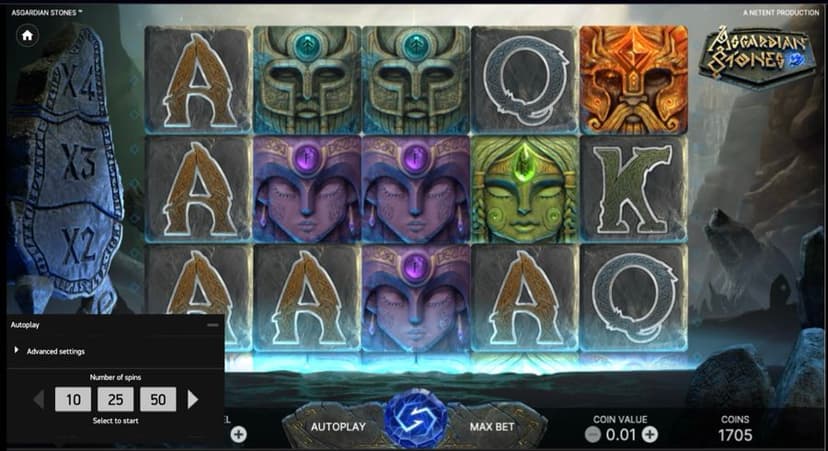 Asgardian Stones autoplay menu open with 10, 25 and 50 spin presets