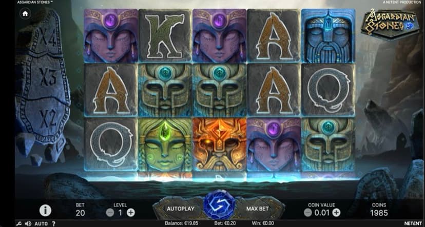 Asgardian Stones base game reels showing the Norse stone-god symbols and the X2–X4 Avalanche multiplier ladder