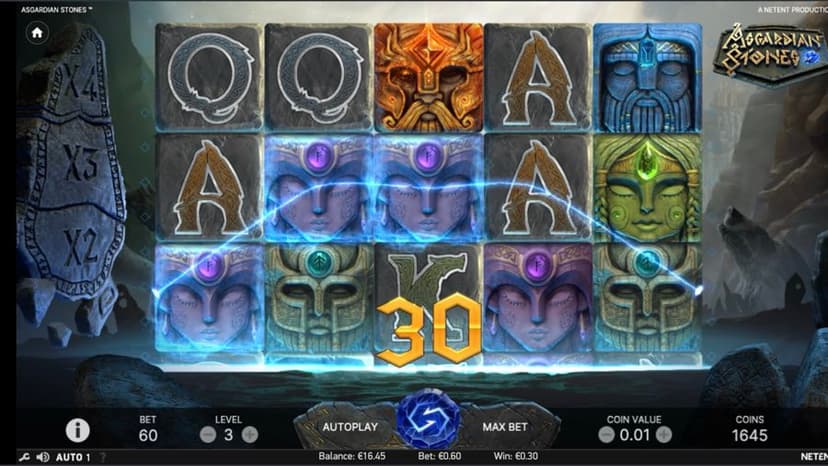 An Asgardian Stones Avalanche win lit by a blue win line with a 30-coin payout