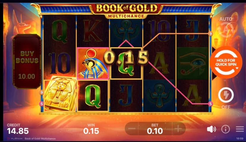 Book of Gold: Multichance paying a 0.15 line win with Horus and pharaoh symbols