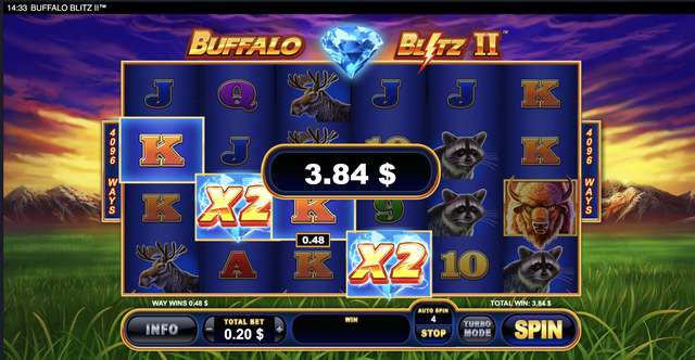 Buffalo Blitz 2 autoplay spin with two stacked x2 wild multipliers on reels 2 and 4, $3.84 win on $0.20 bet.