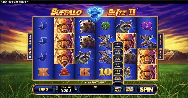 Buffalo Blitz 2 autoplay dropdown showing 5, 10, 20, 50, 100 spins or until feature options at $0.20 bet.