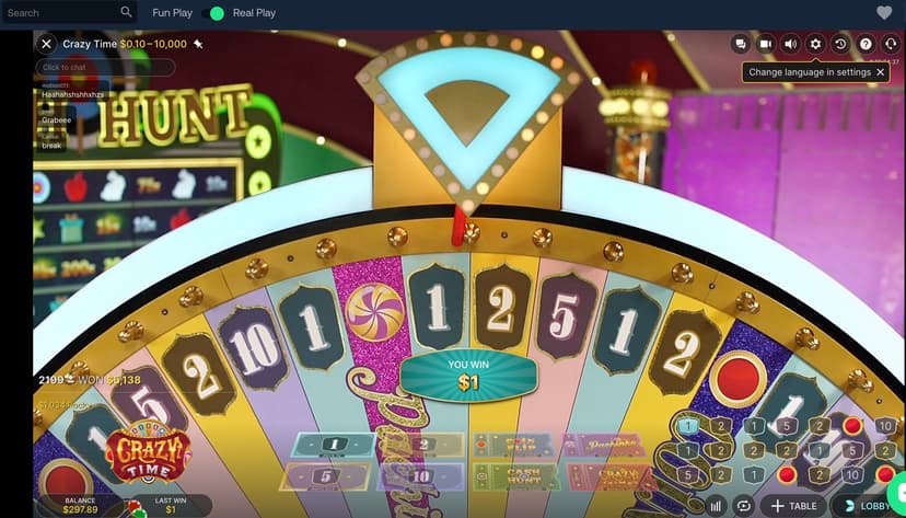Crazy Time wheel with community win banner showing 2,199 players won $5,138