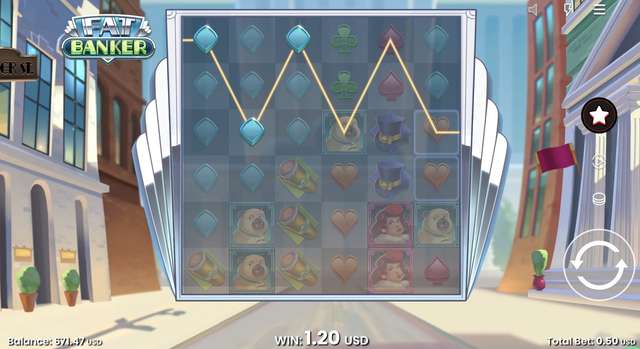 Fat Banker diamond-line base-game win of 1.20 USD on the 6x6 grid