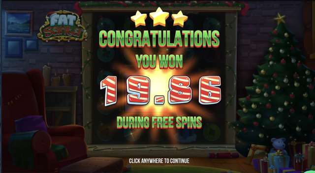 Fat Santa end-of-round screen showing a €19.86 total win across 8 free spins