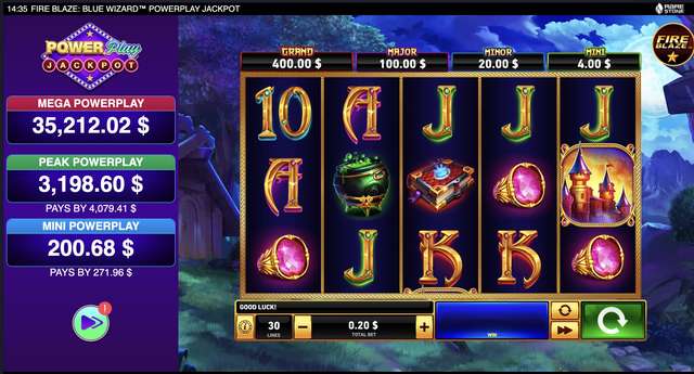 Fire Blaze: Blue Wizard pre-spin Good Luck screen with four-tier Power Play jackpot ladder at $0.20 bet