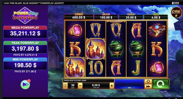 Fire Blaze: Blue Wizard $0.20 spin with castle and cauldron symbols under the Grand, Major, Minor, Mini jackpot ladder