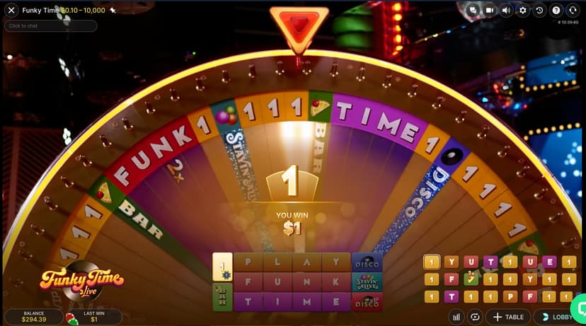 Funky Time wheel landing on Number 1 with a YOU WIN $1 confirmation banner