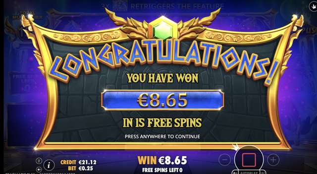 Gates of Olympus free spins round total win of €8.65