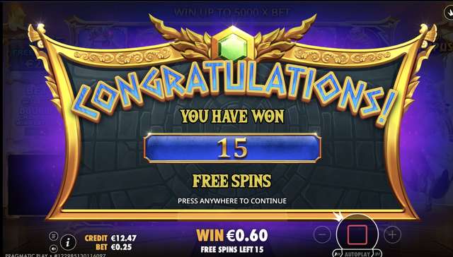 Gates of Olympus 15 free spins trigger screen