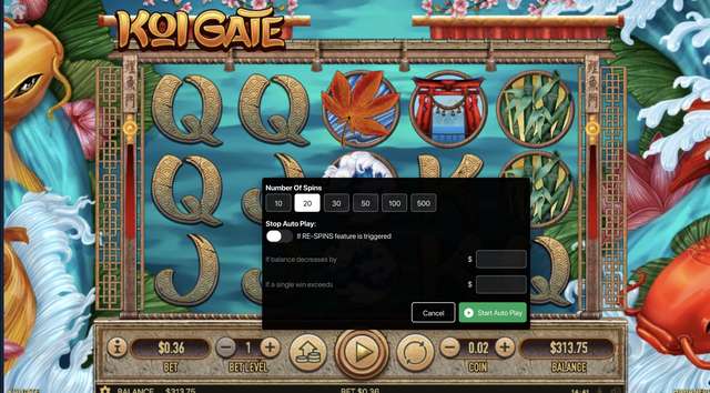 Koi Gate reels with the Autoplay modal overlaid showing number-of-spins presets and stop-loss conditions