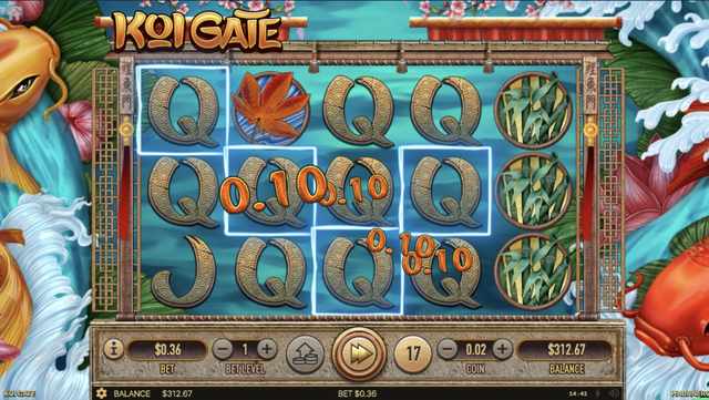 Koi Gate reels with 0.10 payout indicators stacked across three winning positions during a both-ways payline resolution