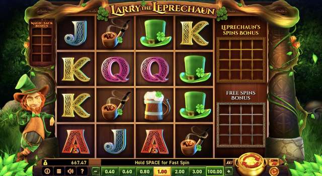 Larry the Leprechaun base reels with the top-hat premium landing alongside a Larry wild
