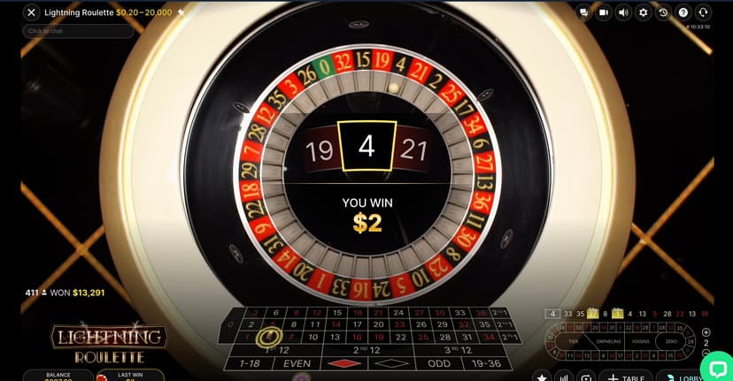 Lightning Roulette result screen showing YOU WIN $2 banner on number 4 with the 411-player community win of $13,291