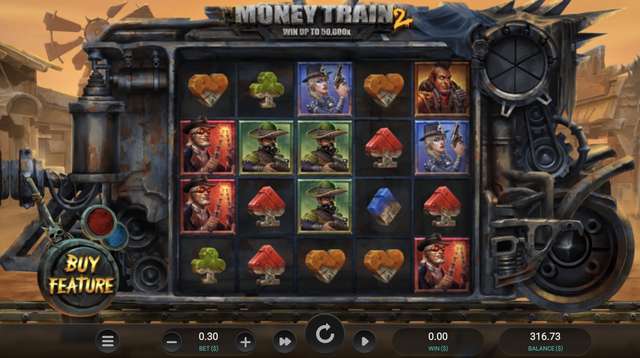 Money Train 2 base reels with the steampunk frame, mixed character and gem symbols, and the Buy Feature badge visible
