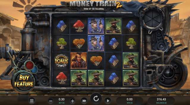 Money Train 2 reels with a BONUS cog-scatter visible on reel one and mixed cowboy and sniper character symbols
